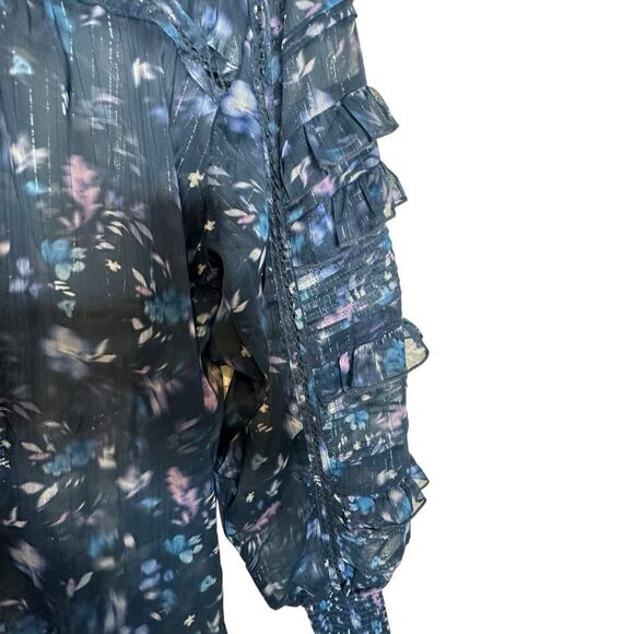 French Connection Blue Floral Ruffle High Neck Long Sleeve Top | M - Picture 5 of 11